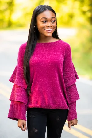 Dreaming Of Drama Wine Red Ruffled Sweater