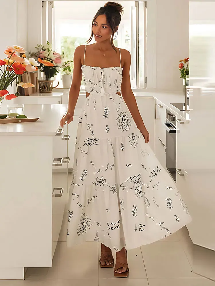 DressBetty - 2024 Sweet White Graffiti Print V-Neck Tassel Sleeveless Floral Dress
