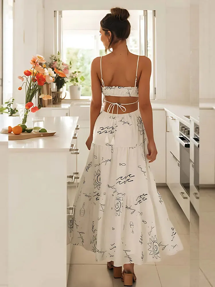 DressBetty - 2024 Sweet White Graffiti Print V-Neck Tassel Sleeveless Floral Dress