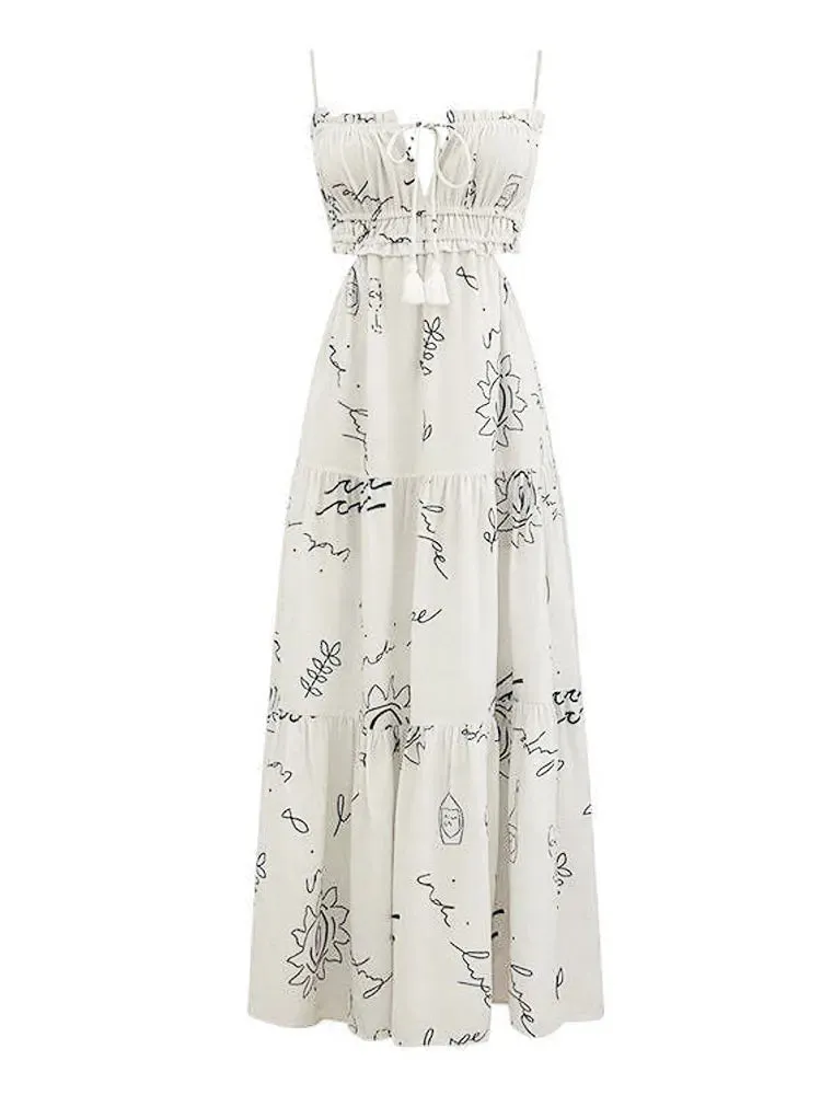 DressBetty - 2024 Sweet White Graffiti Print V-Neck Tassel Sleeveless Floral Dress
