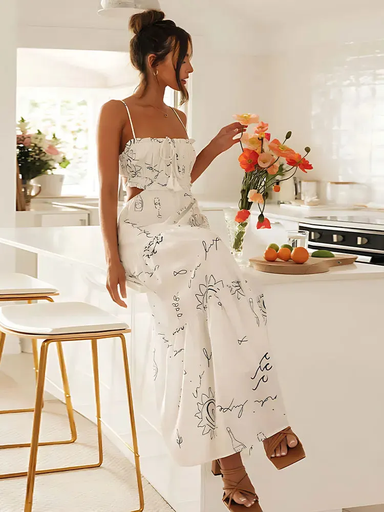 DressBetty - 2024 Sweet White Graffiti Print V-Neck Tassel Sleeveless Floral Dress