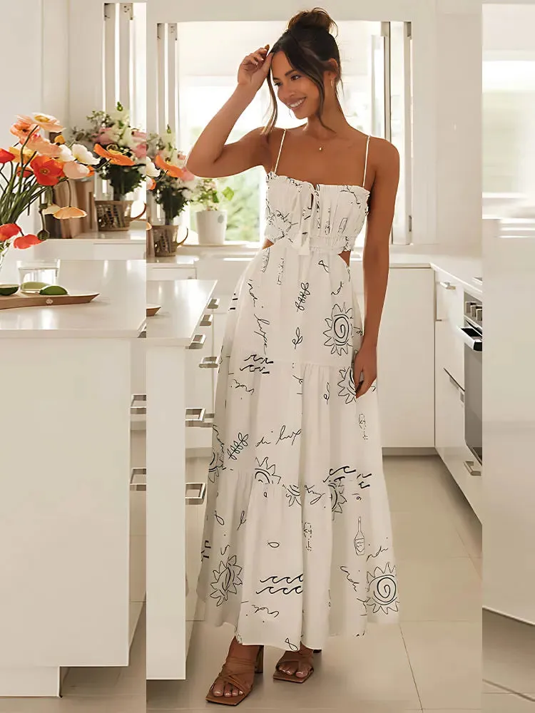 DressBetty - 2024 Sweet White Graffiti Print V-Neck Tassel Sleeveless Floral Dress