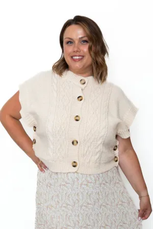 Drop Shoulder Cable Knit Sweater Vest - Cream
