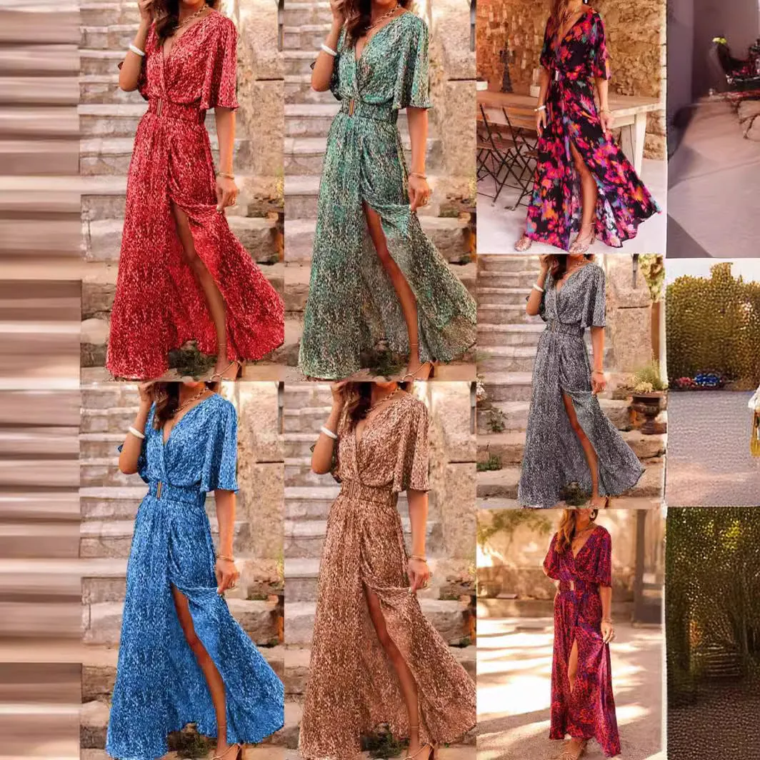DUNNMALL  Cross-Border Spring and Summer New European and American Style Dress Slimming Printed Cinched Mid-Length Dress Temperament Short Sleeve Dress