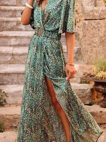 DUNNMALL  Cross-Border Spring and Summer New European and American Style Dress Slimming Printed Cinched Mid-Length Dress Temperament Short Sleeve Dress