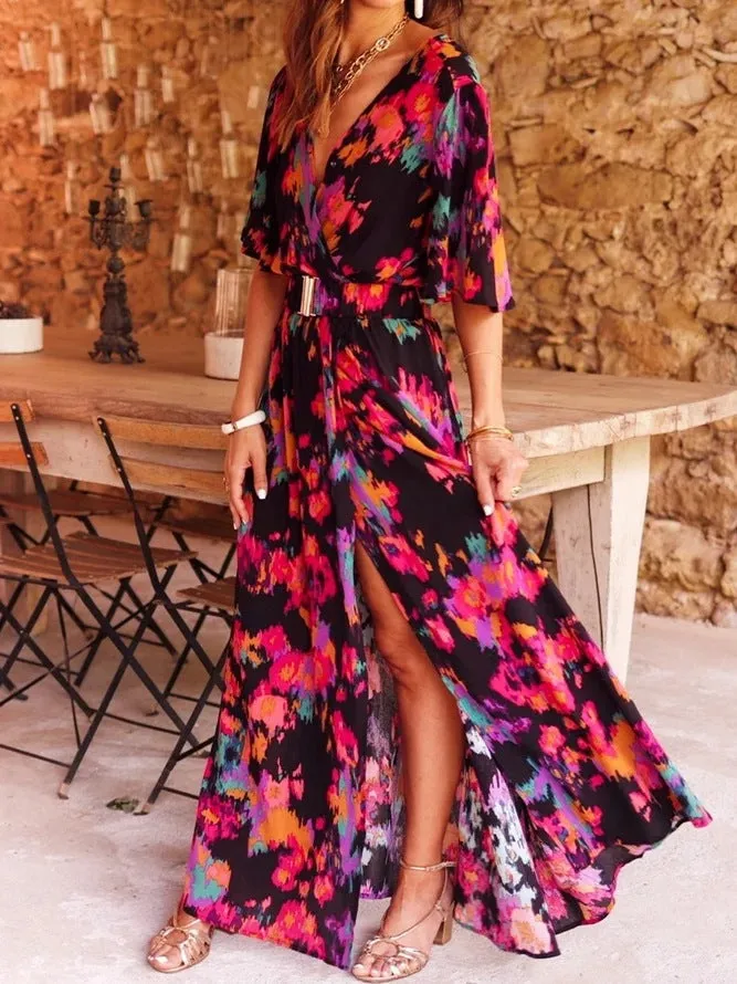 DUNNMALL  Cross-Border Spring and Summer New European and American Style Dress Slimming Printed Cinched Mid-Length Dress Temperament Short Sleeve Dress