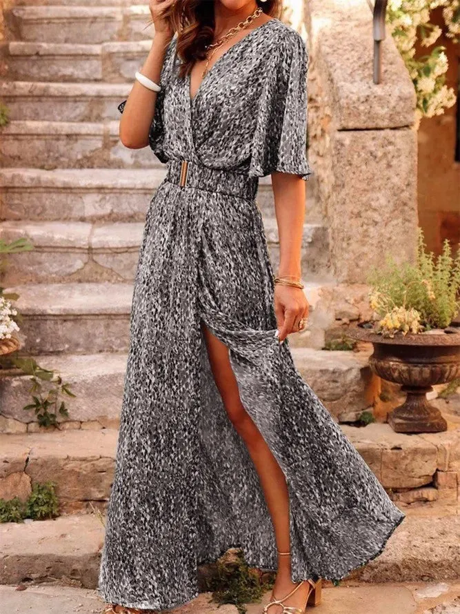 DUNNMALL  Cross-Border Spring and Summer New European and American Style Dress Slimming Printed Cinched Mid-Length Dress Temperament Short Sleeve Dress
