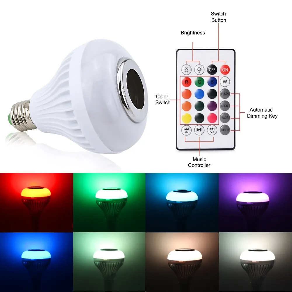 E27 Smart RGB Wireless Bluetooth Speaker Bulb Music Playing Dimmable LED Bulb Light Lamp With 24Key IR Remote Control