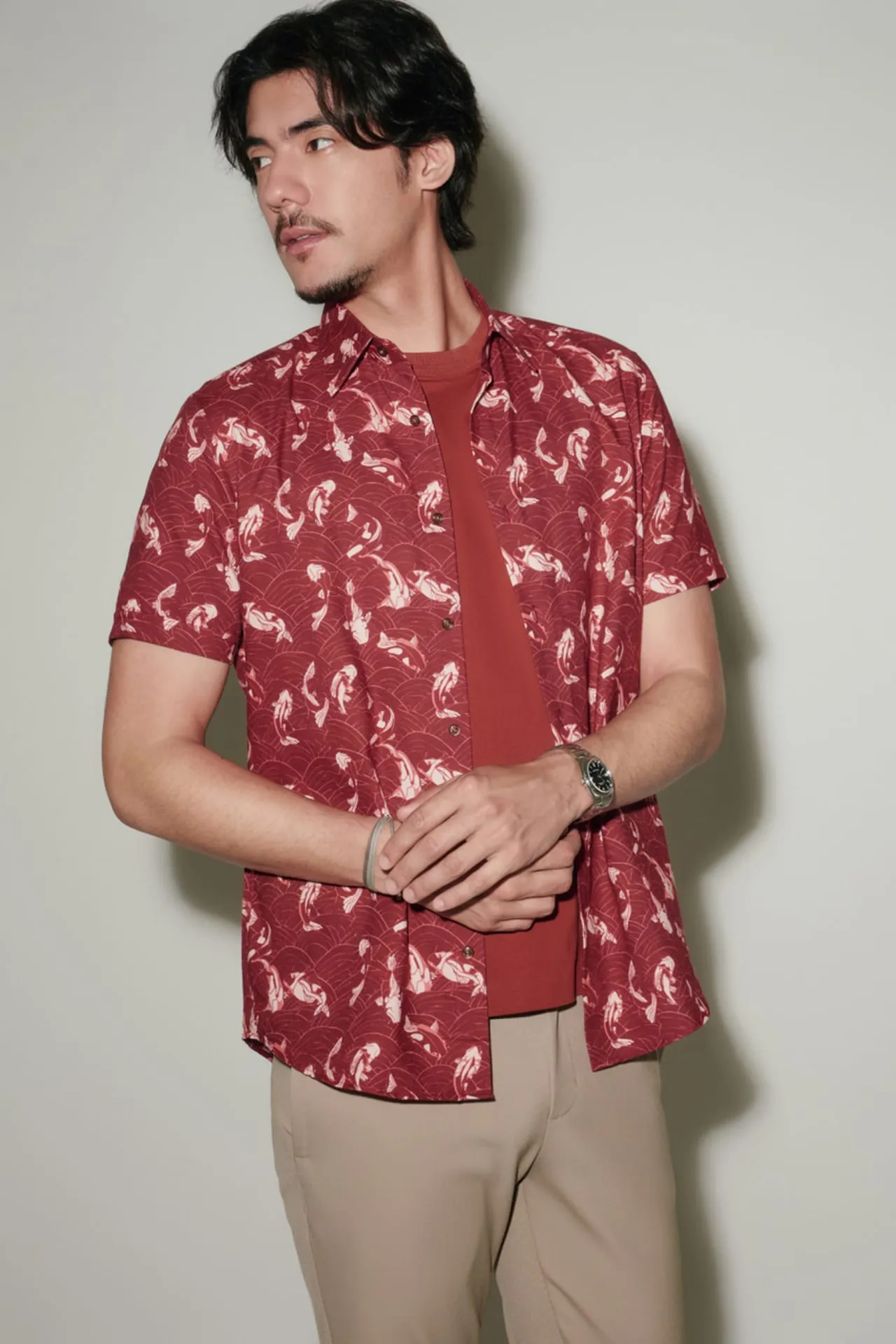 Easy Care Koi All Over Print Cotton Oxford Smart Fit Short Sleeve Casual Shirt