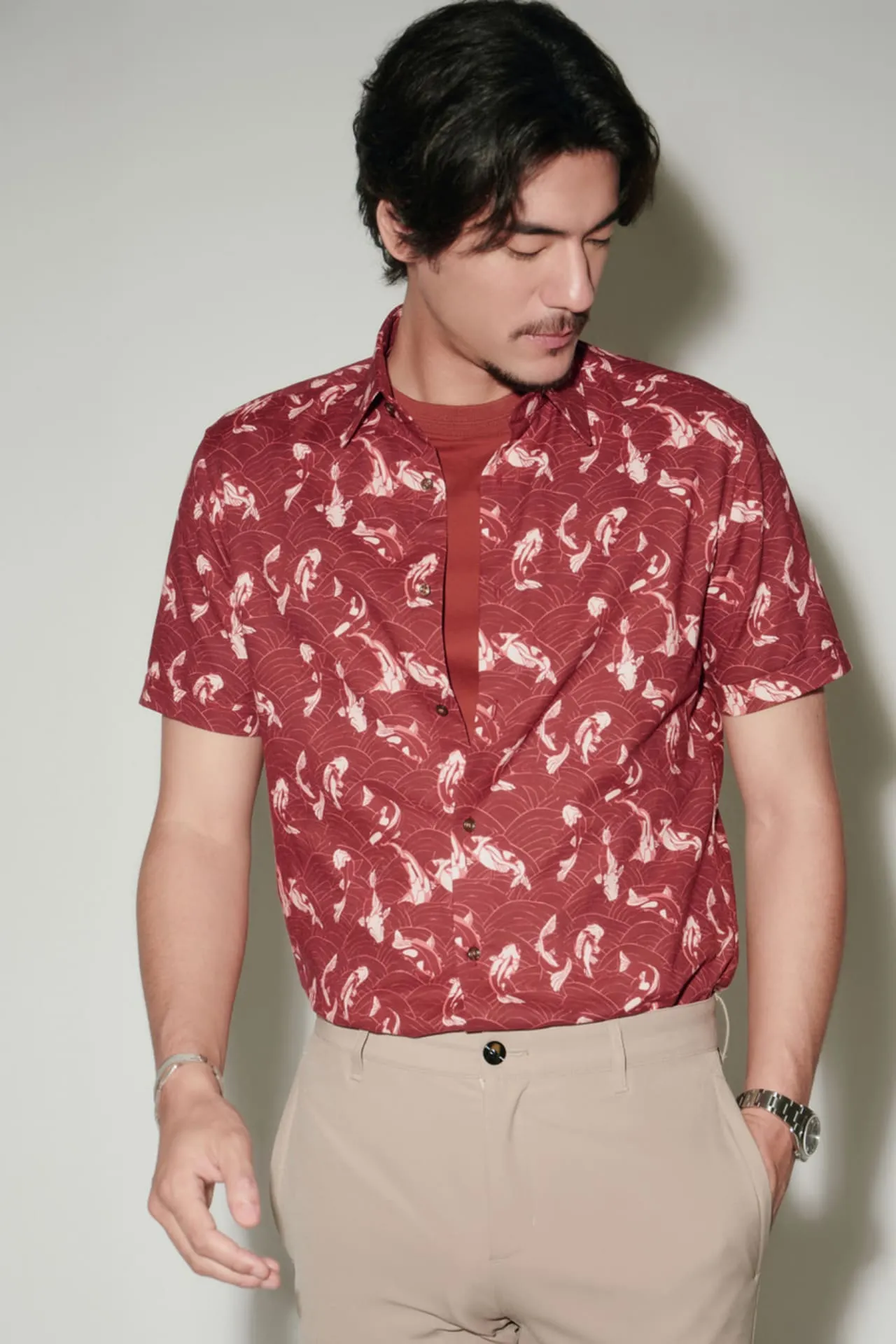 Easy Care Koi All Over Print Cotton Oxford Smart Fit Short Sleeve Casual Shirt