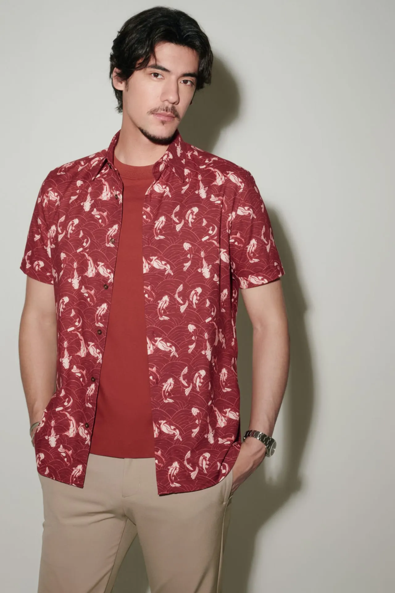 Easy Care Koi All Over Print Cotton Oxford Smart Fit Short Sleeve Casual Shirt