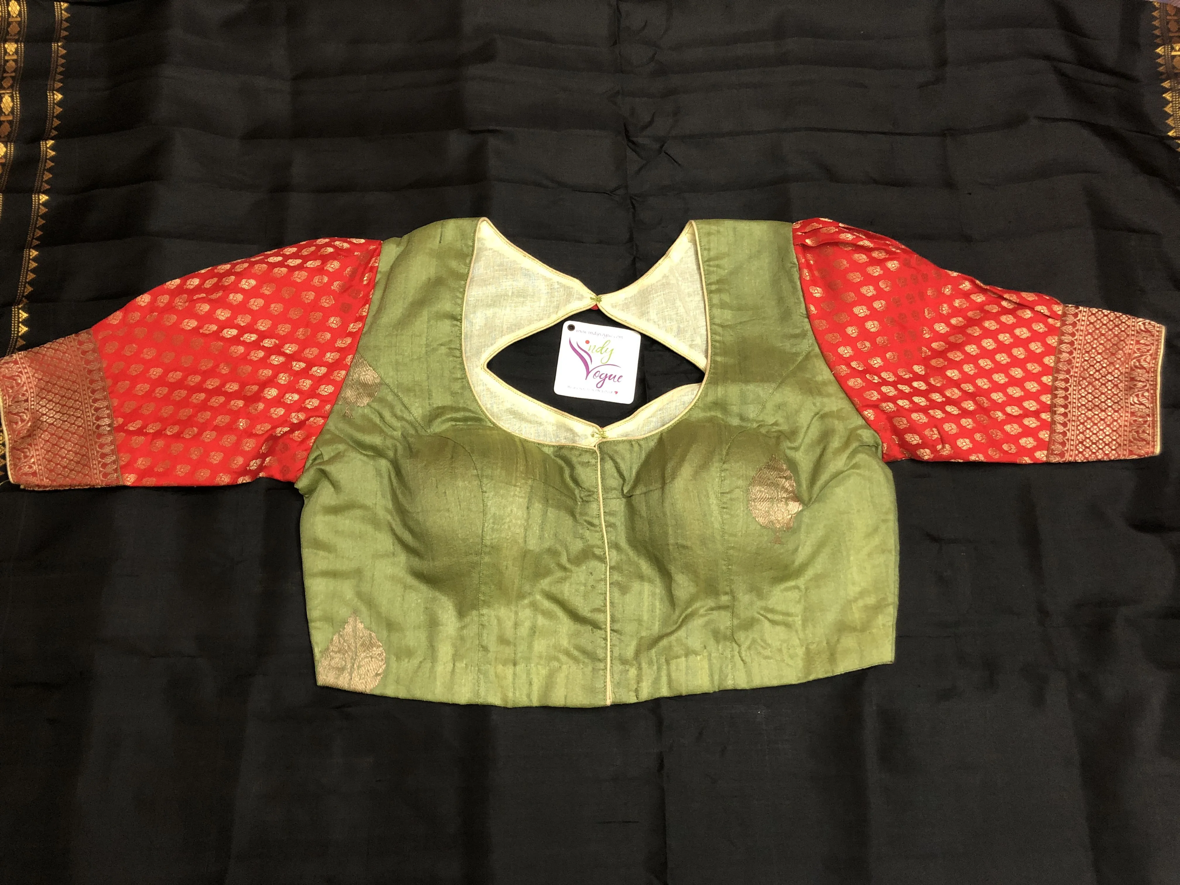 Elaichi Green Color Designer Tussar Banarasi Blouse with Chanderi Work