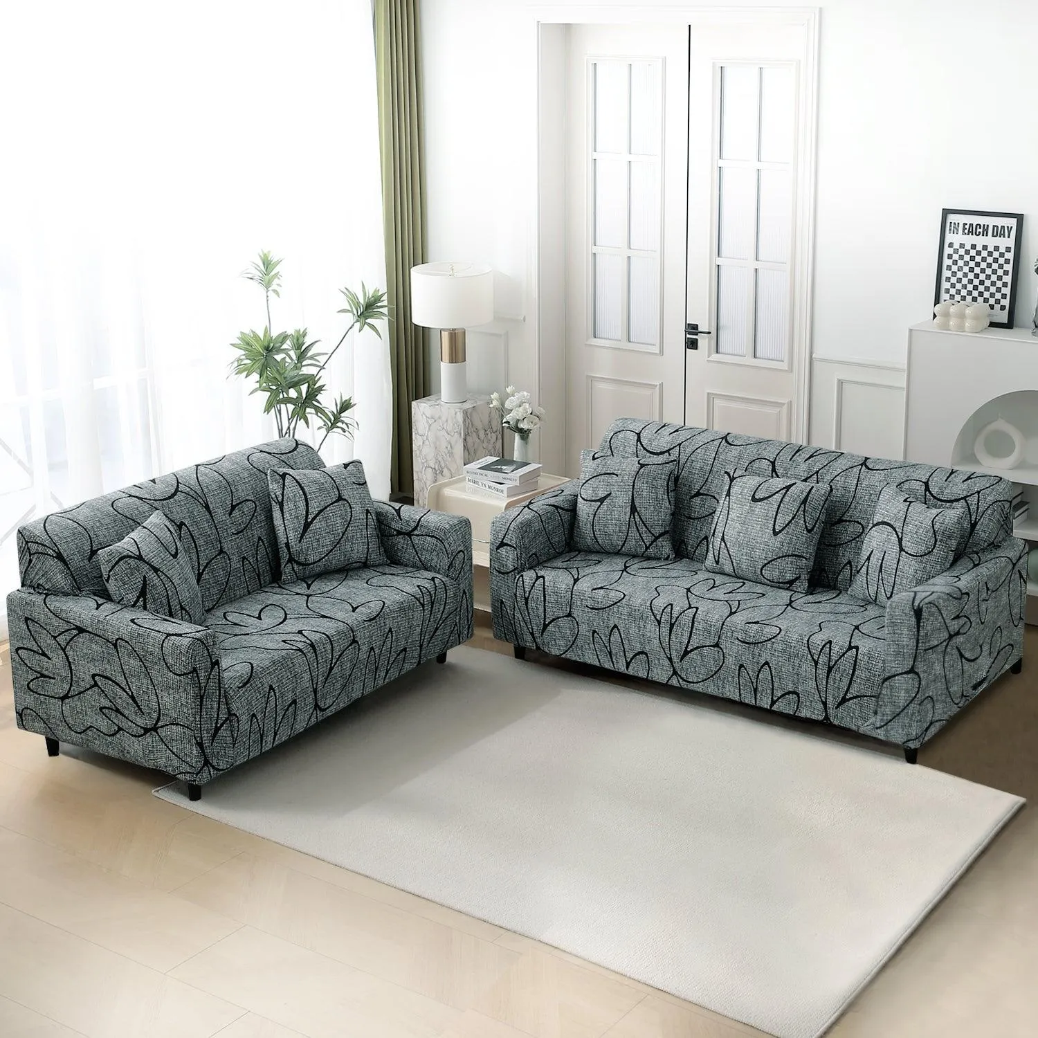 Elastic Stretchable Printed 140gsm Fully Covered Sofa Cover, Intense Grey Abstract Floral