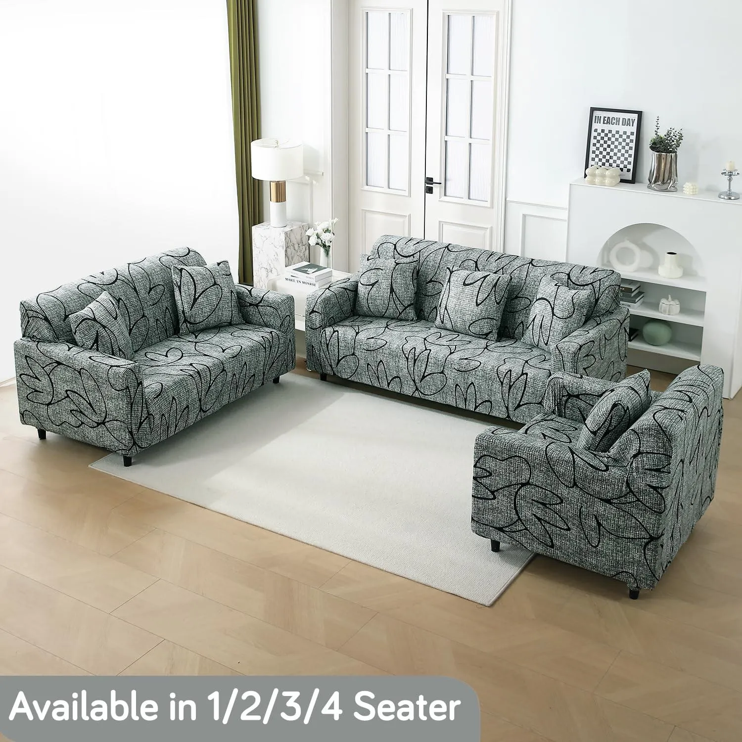 Elastic Stretchable Printed 140gsm Fully Covered Sofa Cover, Intense Grey Abstract Floral