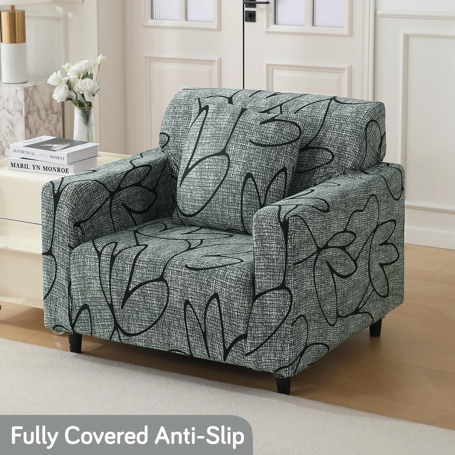 Elastic Stretchable Printed 140gsm Fully Covered Sofa Cover, Intense Grey Abstract Floral