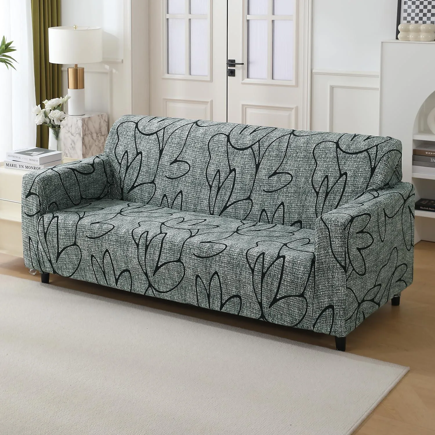 Elastic Stretchable Printed 140gsm Fully Covered Sofa Cover, Intense Grey Abstract Floral