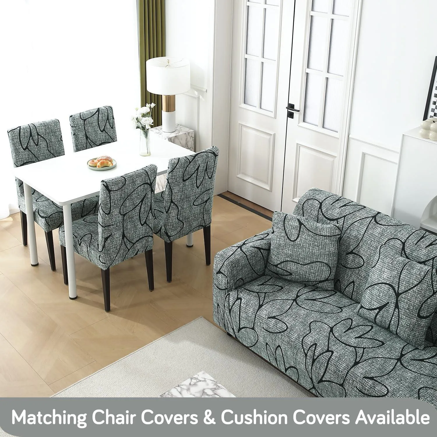 Elastic Stretchable Printed 140gsm Fully Covered Sofa Cover, Intense Grey Abstract Floral