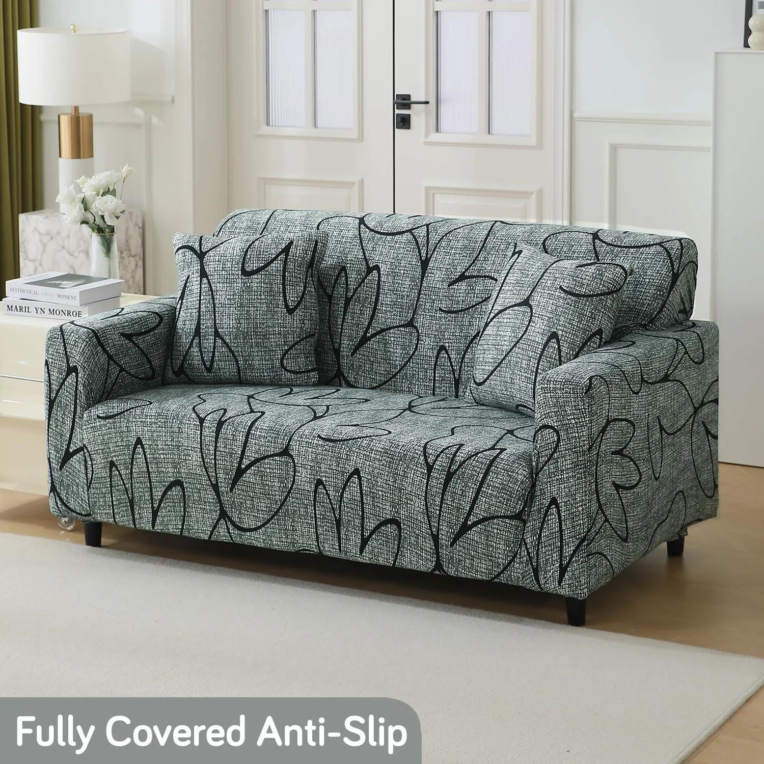 Elastic Stretchable Printed 140gsm Fully Covered Sofa Cover, Intense Grey Abstract Floral