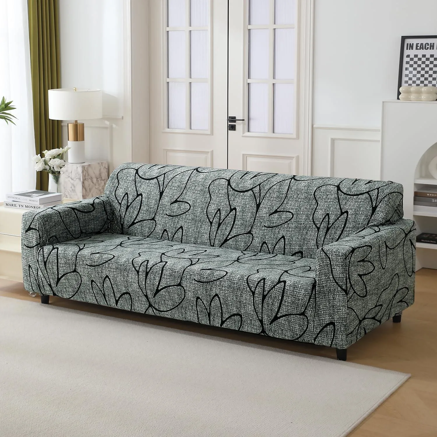 Elastic Stretchable Printed 140gsm Fully Covered Sofa Cover, Intense Grey Abstract Floral