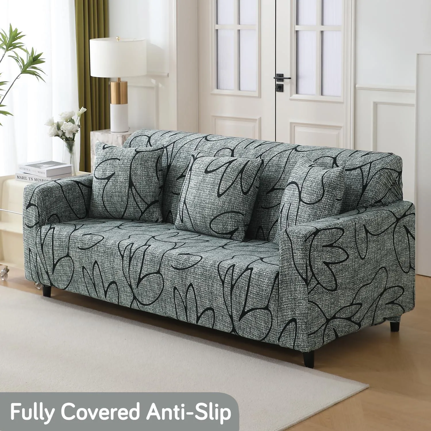 Elastic Stretchable Printed 140gsm Fully Covered Sofa Cover, Intense Grey Abstract Floral