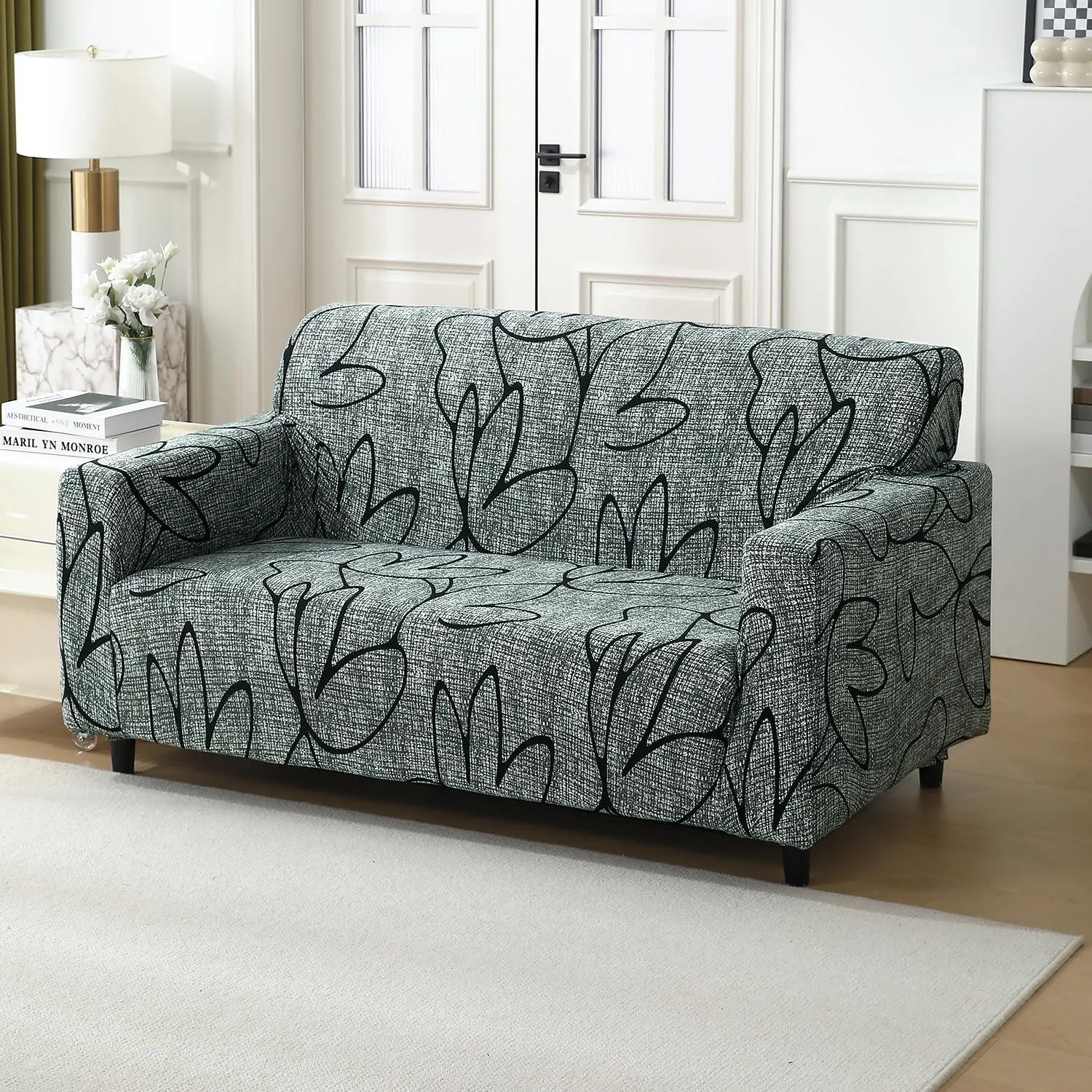 Elastic Stretchable Printed 140gsm Fully Covered Sofa Cover, Intense Grey Abstract Floral
