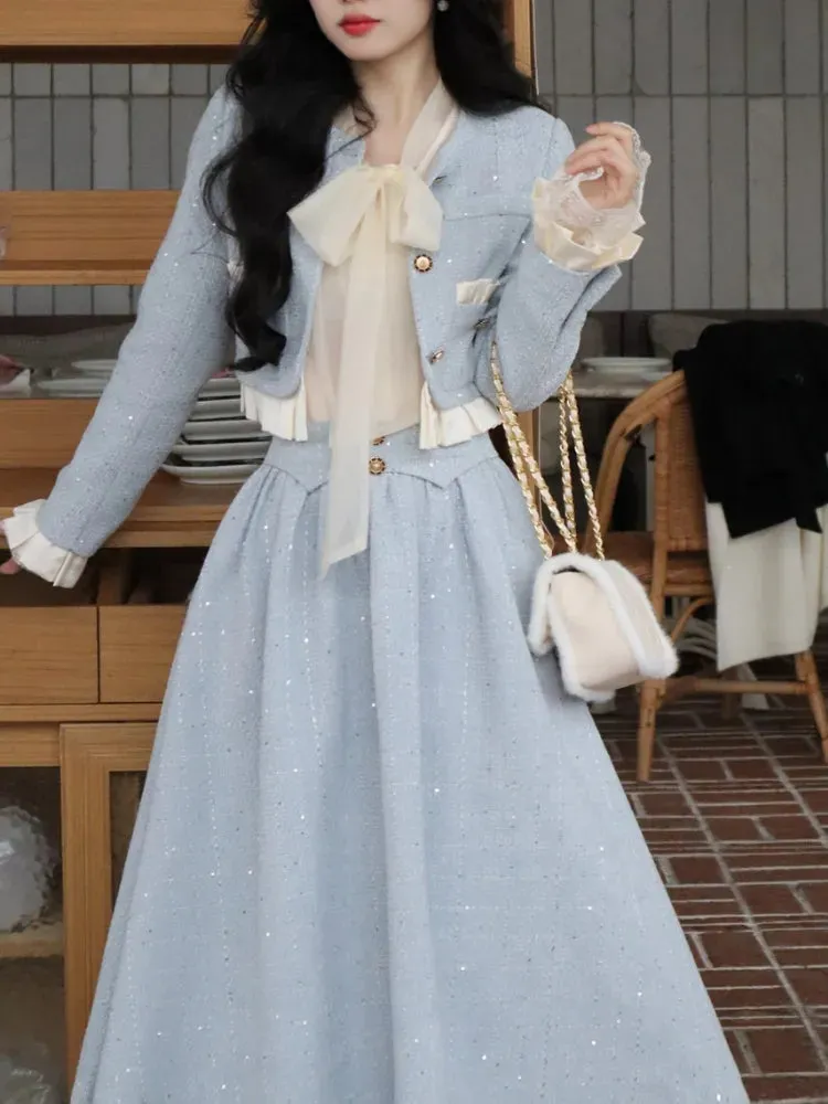 Elegant 2 Piece Dress Set Women Winter Sweet Vintage Party Korean Style Suits Slim Chic Long Sleeve Tops  Casual Long Skirt