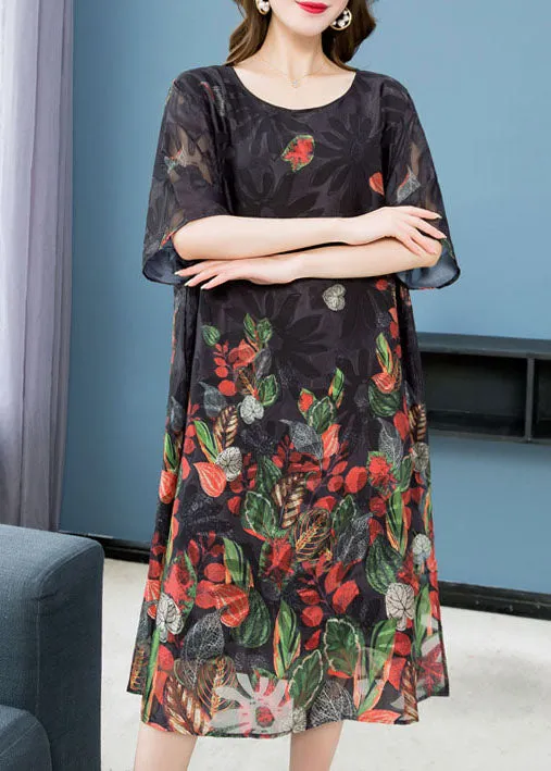 Elegant Black O Neck Print Patchwork Chiffon Mid Dress Summer LY6495