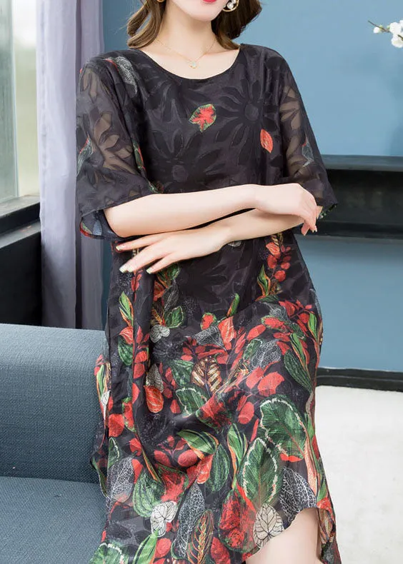 Elegant Black O Neck Print Patchwork Chiffon Mid Dress Summer LY6495