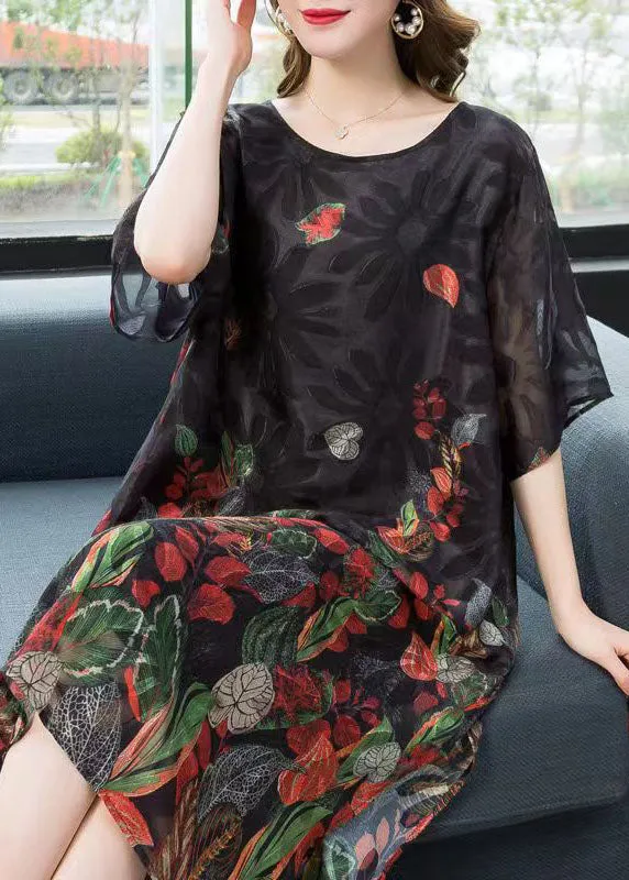 Elegant Black O Neck Print Patchwork Chiffon Mid Dress Summer LY6495