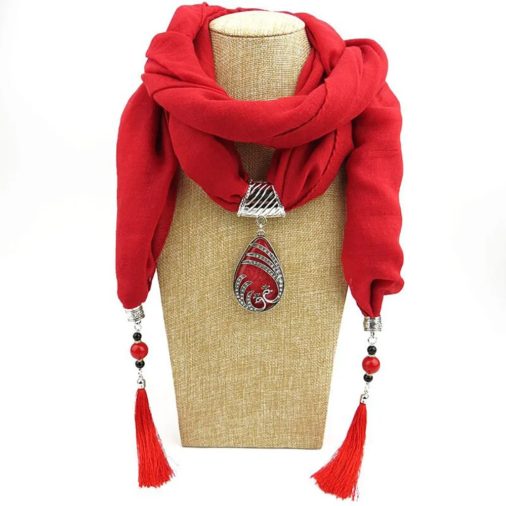 Elegant Chiffon Scarf With Water Drop Peacock Pendant and Tassels