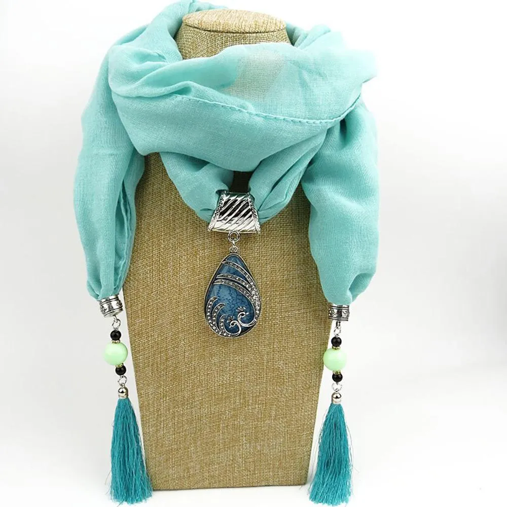 Elegant Chiffon Scarf With Water Drop Peacock Pendant and Tassels