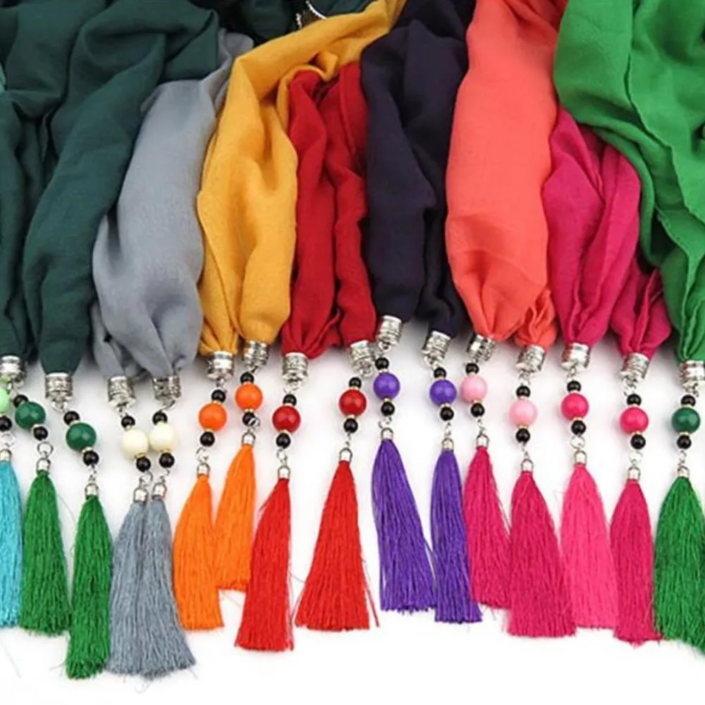 Elegant Chiffon Scarf With Water Drop Peacock Pendant and Tassels