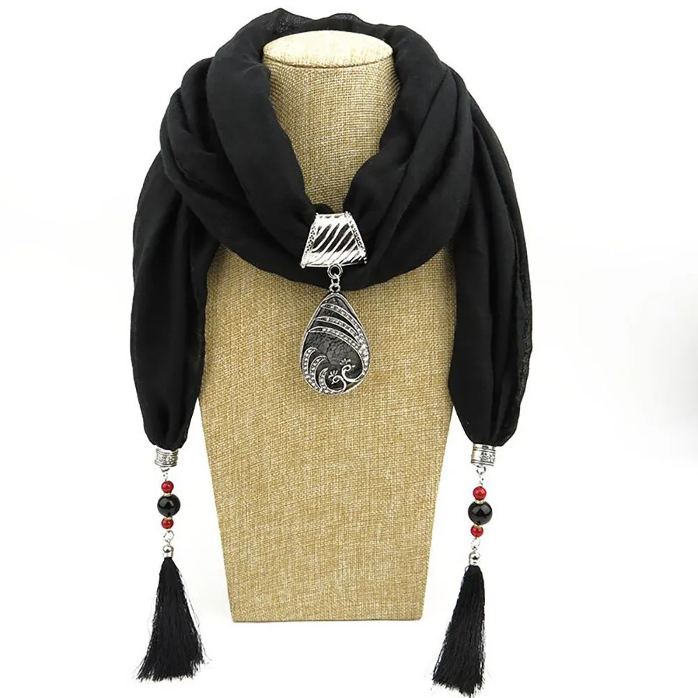 Elegant Chiffon Scarf With Water Drop Peacock Pendant and Tassels