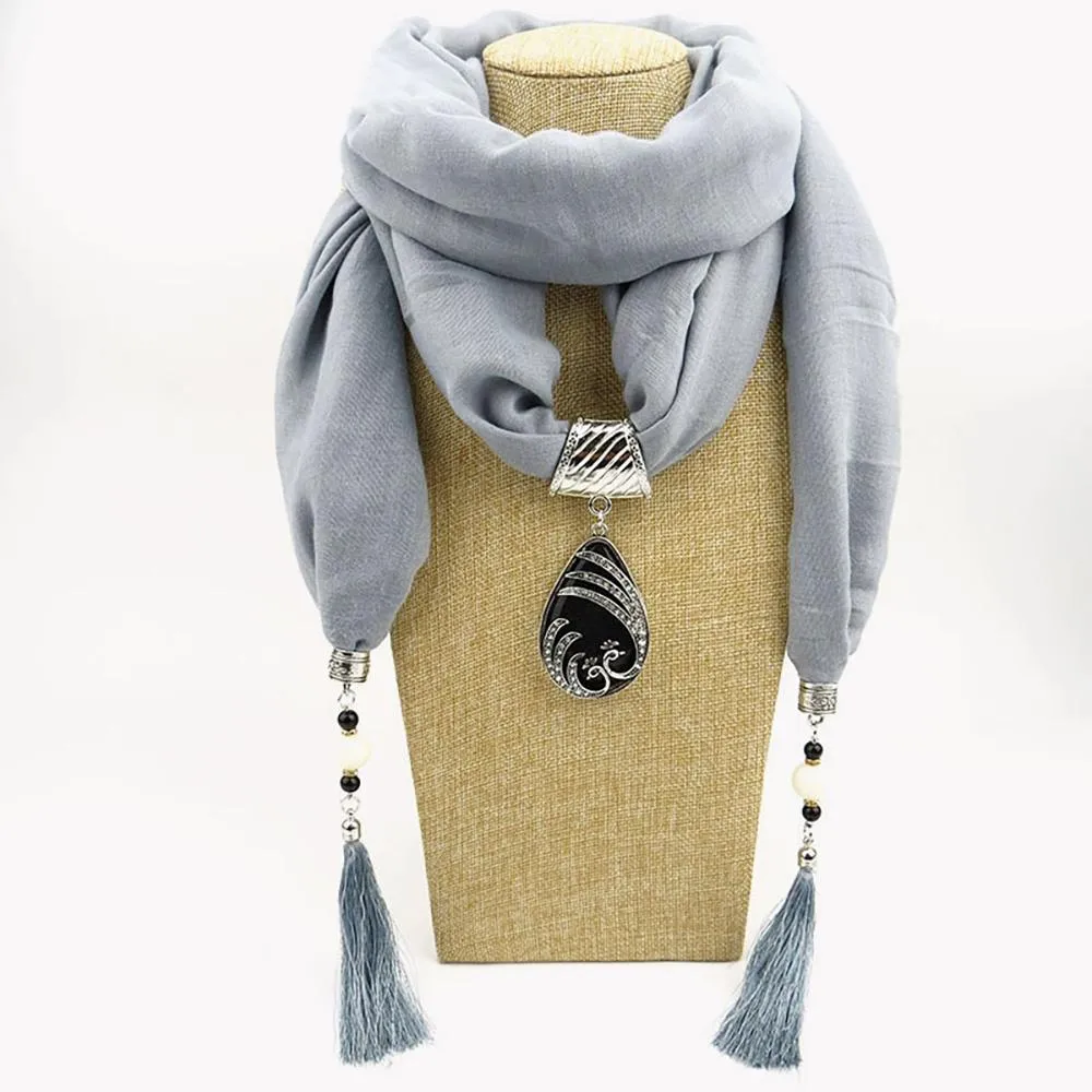 Elegant Chiffon Scarf With Water Drop Peacock Pendant and Tassels