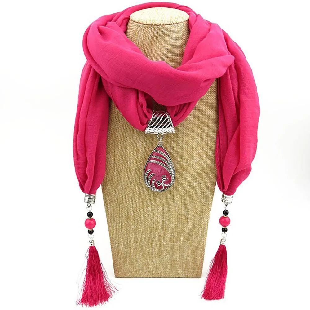 Elegant Chiffon Scarf With Water Drop Peacock Pendant and Tassels