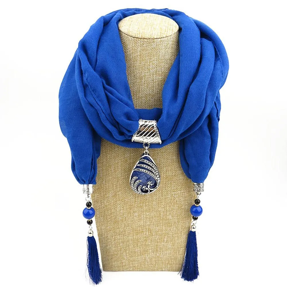 Elegant Chiffon Scarf With Water Drop Peacock Pendant and Tassels