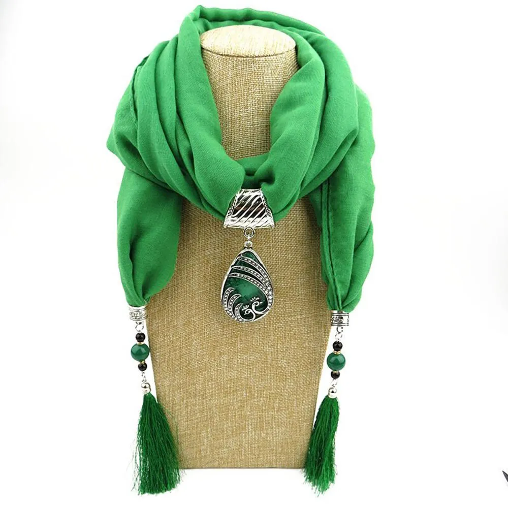 Elegant Chiffon Scarf With Water Drop Peacock Pendant and Tassels