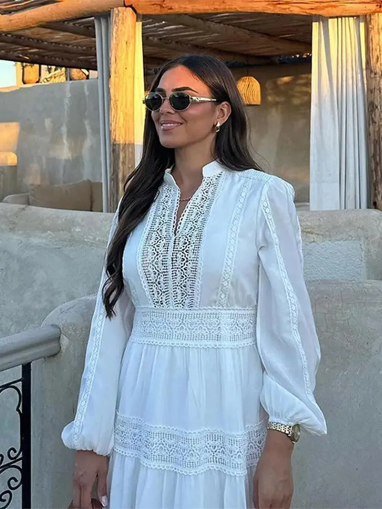 Elegant Lace Hollow Out Maxi Dress: Stylish Spring Fashion Essential