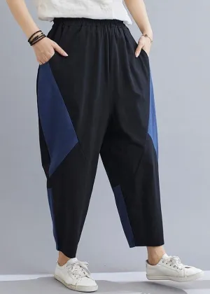 Elegant Navy Patchwork Elastic Waist Radish trousers Pants Summer Cotton Linen