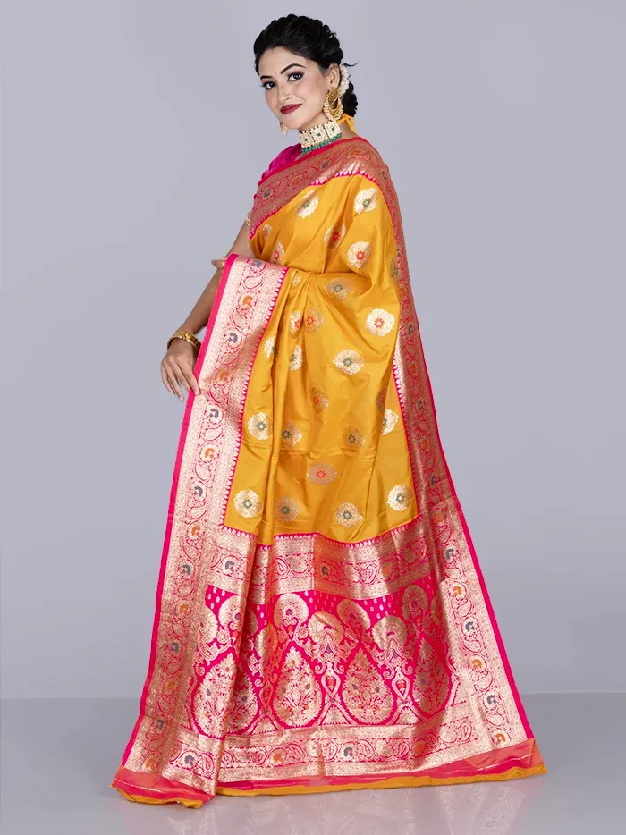 Elegant Saffron Par Anchal Buti Katan Silk Saree