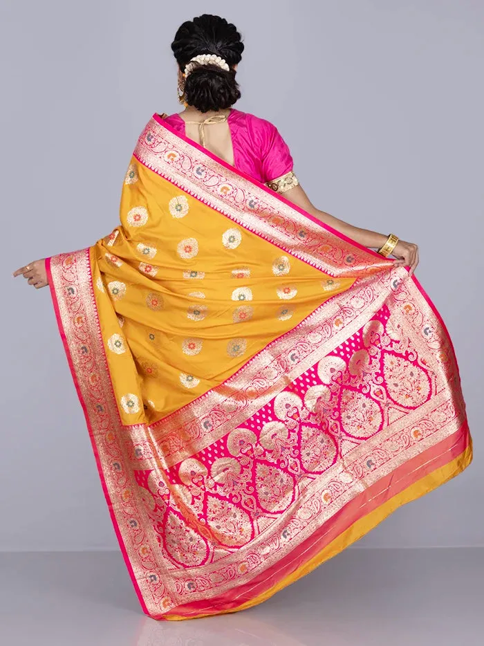 Elegant Saffron Par Anchal Buti Katan Silk Saree