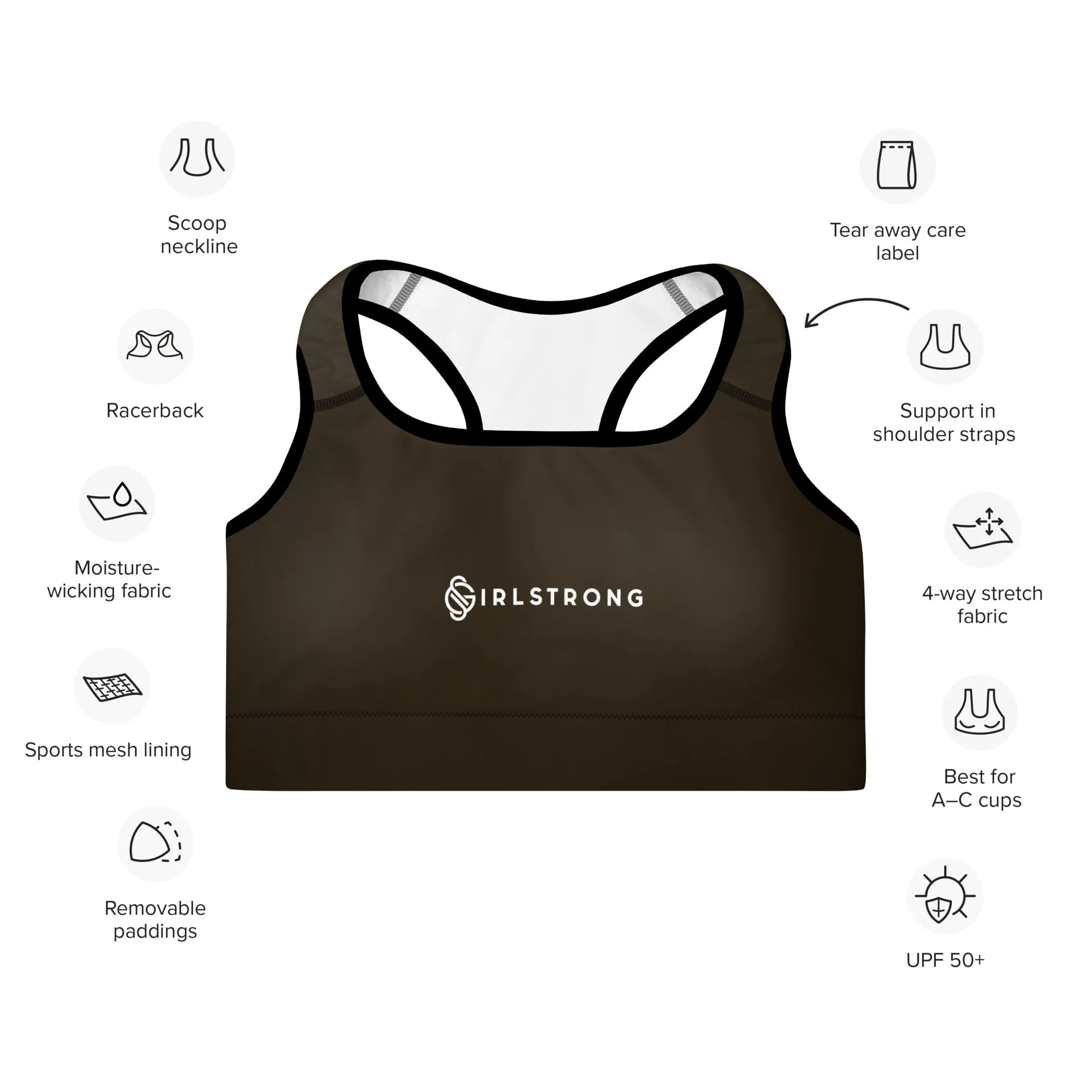 ELEVATED ESSENTIALS, GS LOGO THE PERFECT PADDED SPORTS BRA ESPRESSO