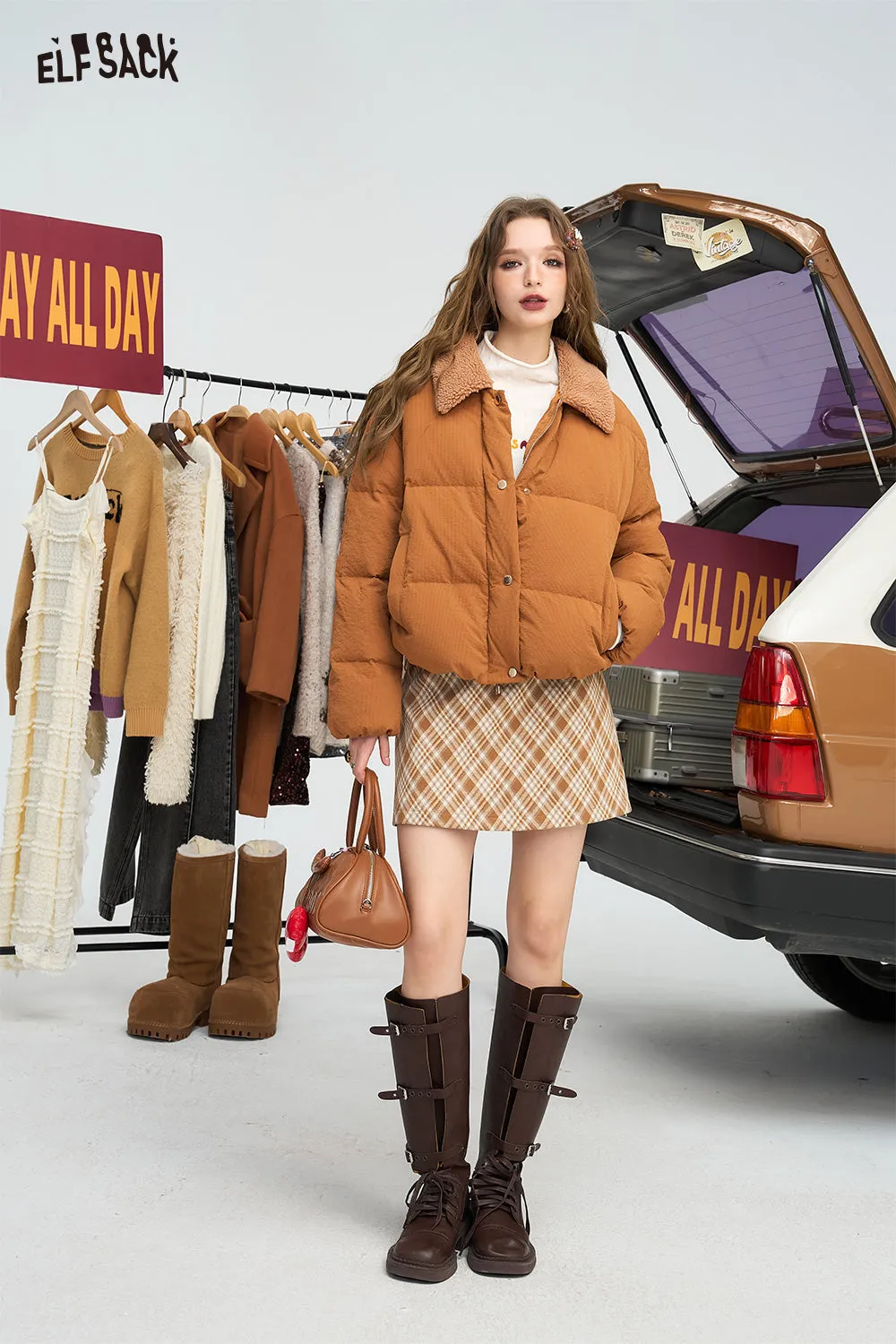 ELFSACK 2024 Winter New Arrivals Mao collar splicing casual versatile short down jacket for women
