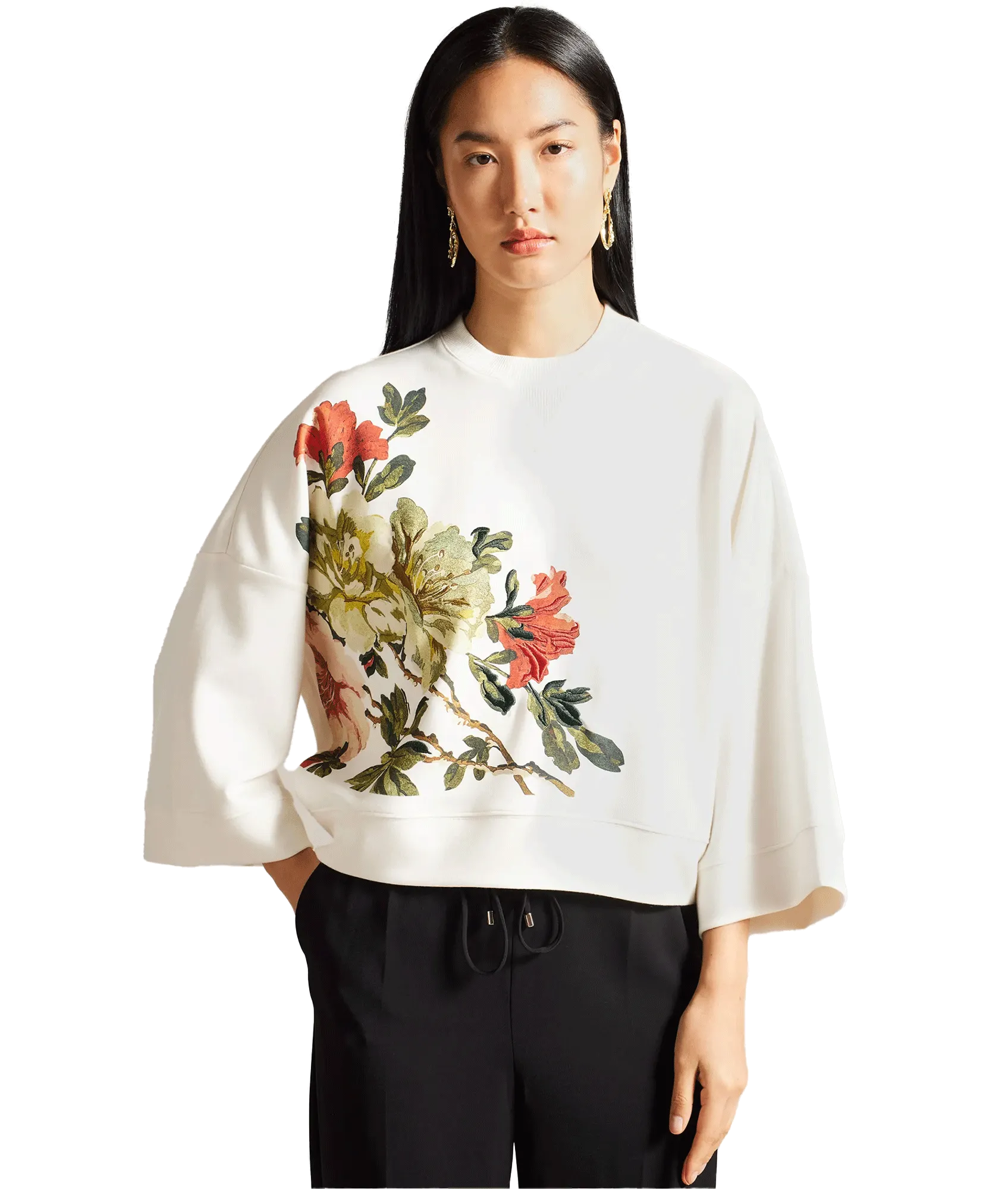 Embroidered Bell Sleeve Sweatshirt - White