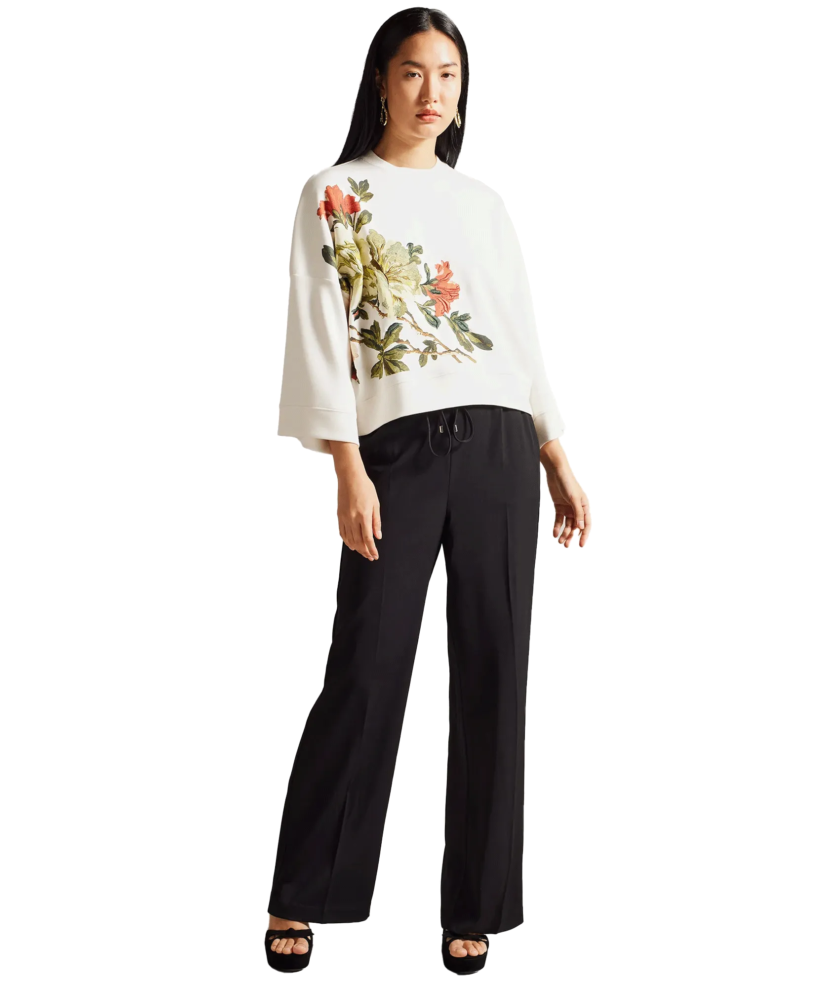 Embroidered Bell Sleeve Sweatshirt - White