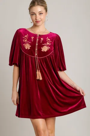 Embroidered Half Sleeve Velvet Mini Dress with Tassel