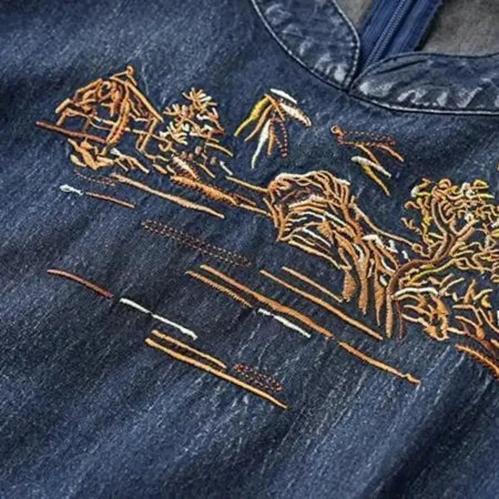 Embroidered long jean dress