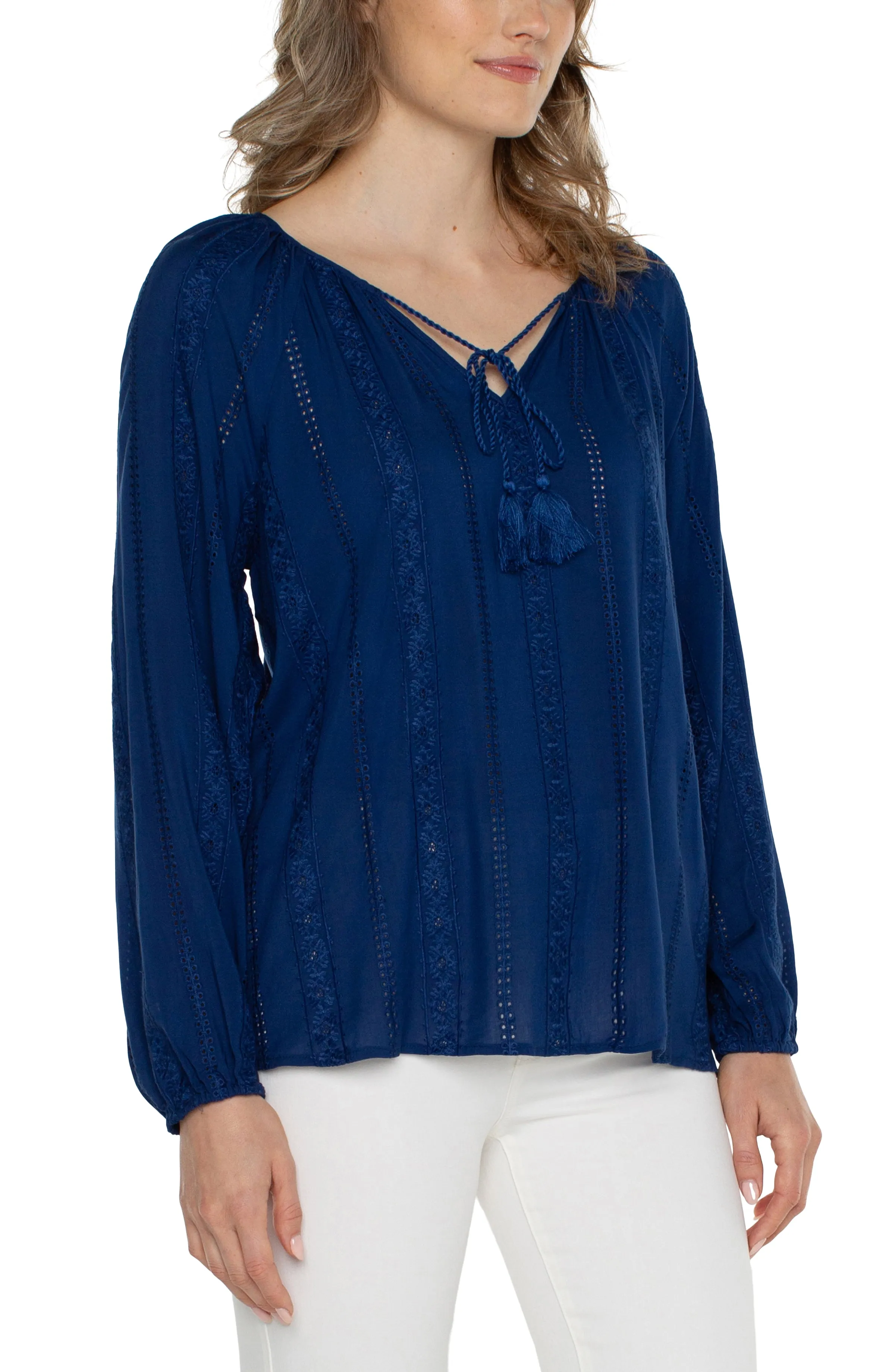 EMBROIDERED SHIRRED BLOUSE WITH NECK TIES
