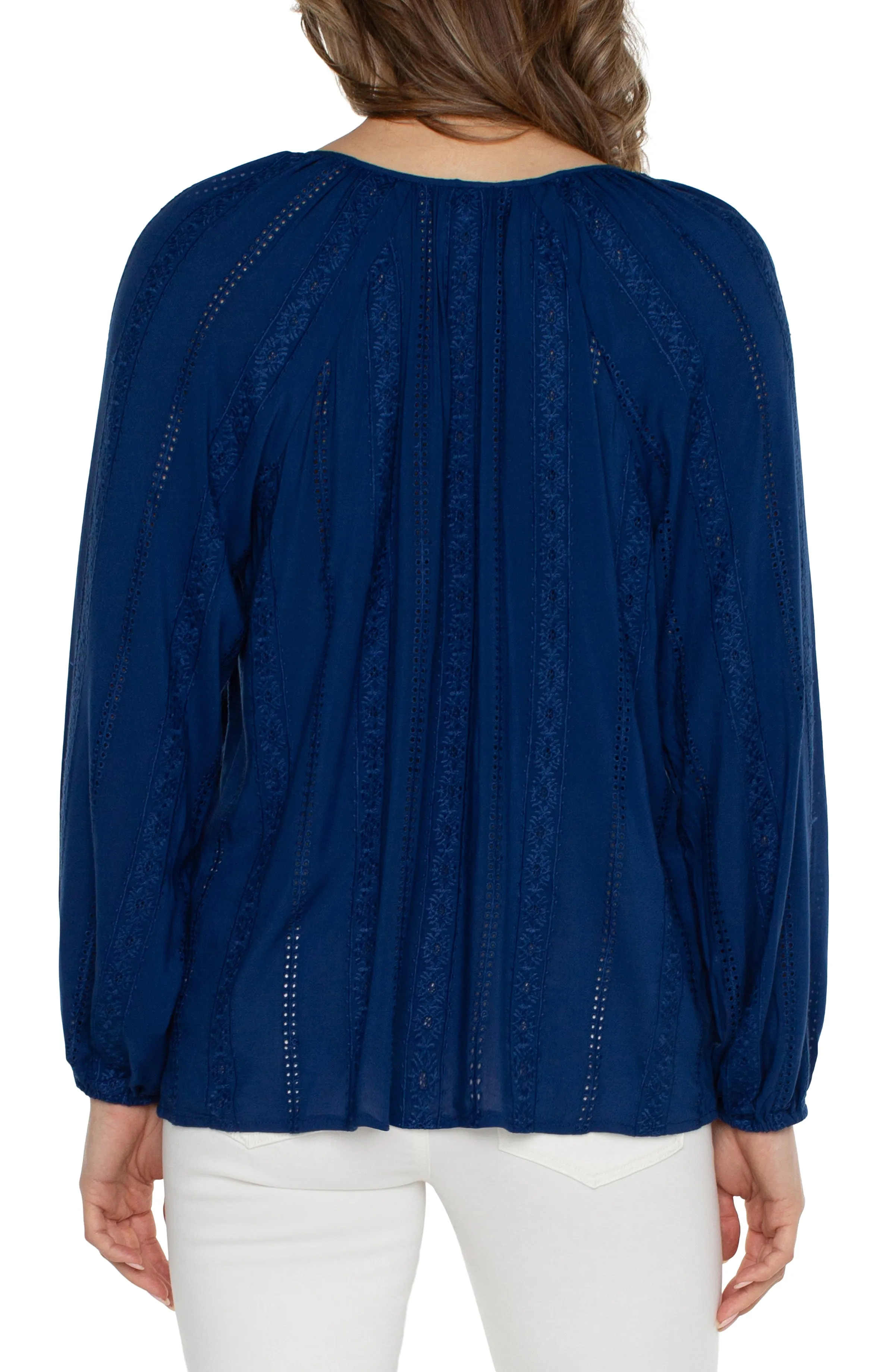 EMBROIDERED SHIRRED BLOUSE WITH NECK TIES