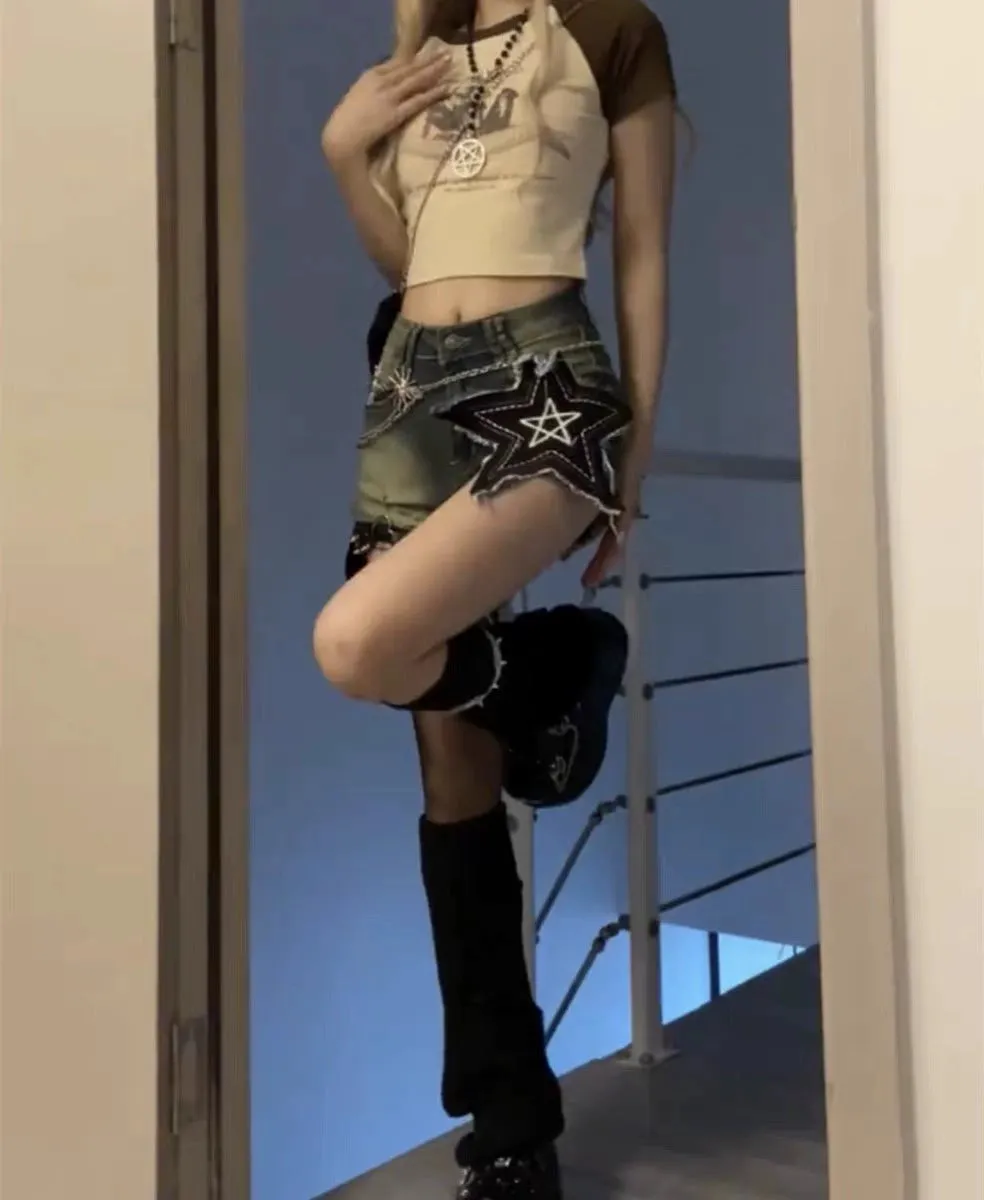 Embroidered Star High-Waist Denim Hot Shorts